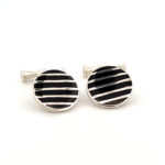 Round Striped Chain Link Cufflinks Set With Black Onyx In 925 English Hallmarked Sterling Silver