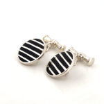 Round Striped Chain Link Cufflinks Set With Black Onyx In 925 English Hallmarked Sterling Silver