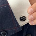 Round Striped Chain Link Cufflinks Set With Black Onyx In 925 English Hallmarked Sterling Silver