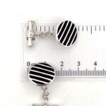 Round Striped Chain Link Cufflinks Set With Black Onyx In 925 English Hallmarked Sterling Silver