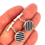 Round Striped Chain Link Cufflinks Set With Black Onyx In 925 English Hallmarked Sterling Silver