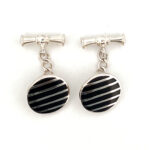Round Striped Chain Link Cufflinks Set With Black Onyx In 925 English Hallmarked Sterling Silver