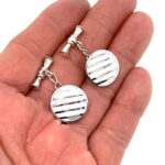 Round Striped Chain Link Cufflinks Set With Mother Of Pearl In 925 English Hallmarked Sterling Silver