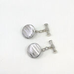 Round Striped Chain Link Cufflinks Set With Mother Of Pearl In 925 English Hallmarked Sterling Silver