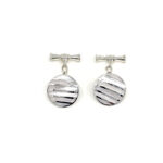 Round Striped Chain Link Cufflinks Set With Mother Of Pearl In 925 English Hallmarked Sterling Silver