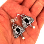 Scarab Beetle Drop Earrings With Onyx Marcasite Emerald And Pearl Detail Finished In 925 English Hallmarked Sterling Silver