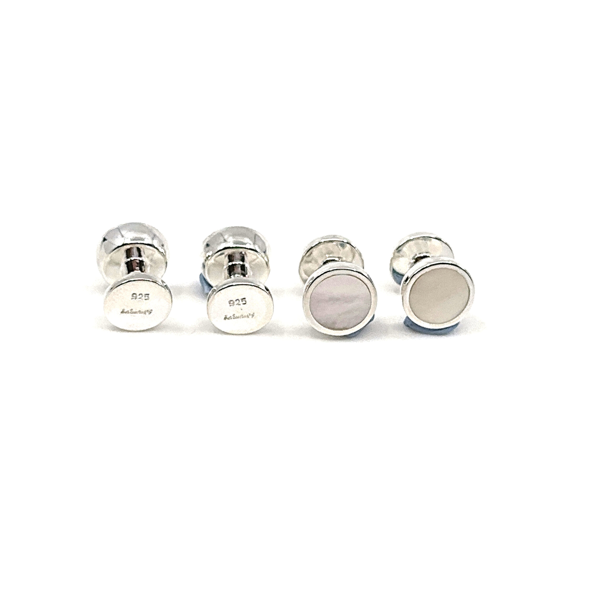 BOX155 (2) Set Of Four Dress Shirt Studs With Mother Of Pearl, finished in 925 English Hallmarked Sterling Silver