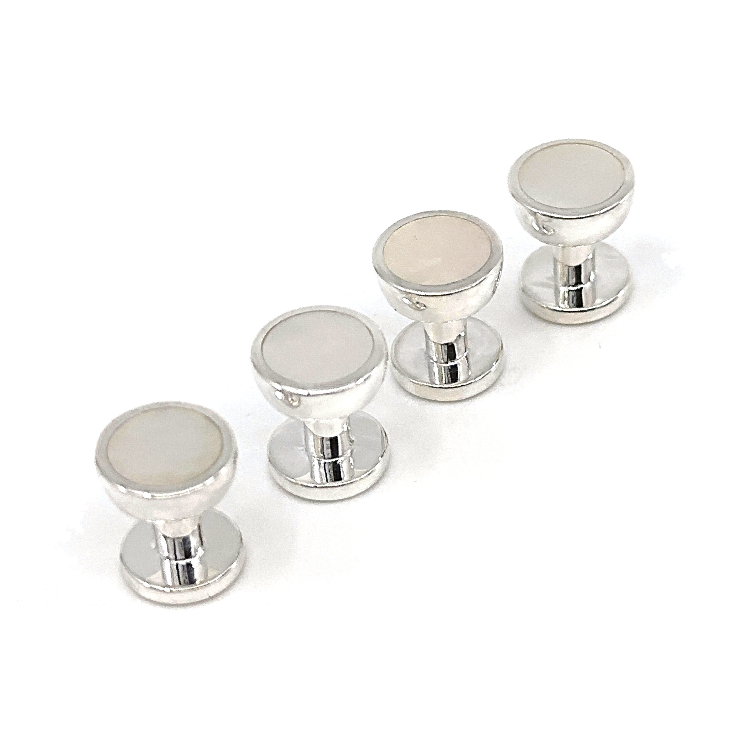 BOX155 (5) Set Of Four Dress Shirt Studs With Mother Of Pearl, finished in 925 English Hallmarked Sterling Silver