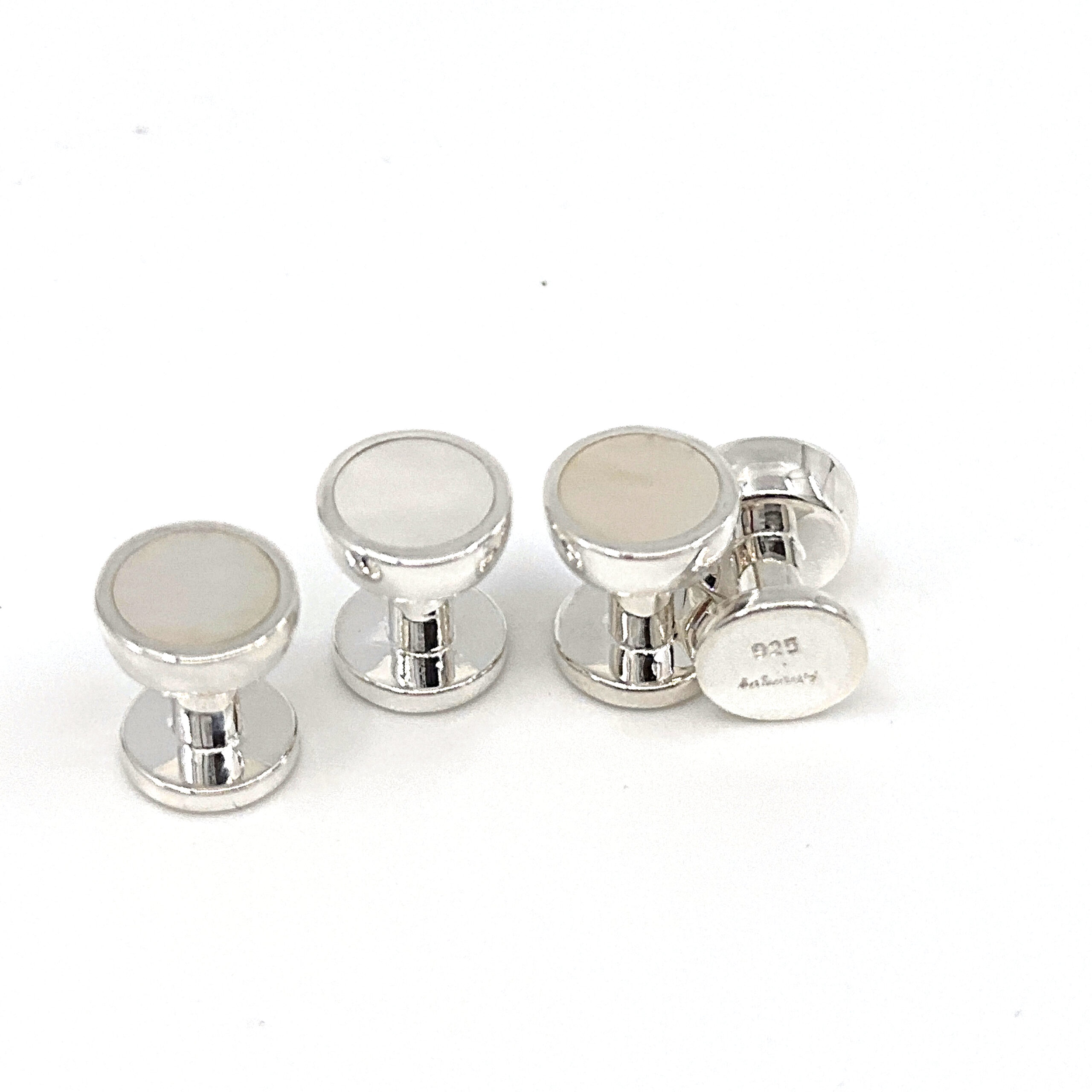 BOX155 (6) Set Of Four Dress Shirt Studs With Mother Of Pearl, finished in 925 English Hallmarked Sterling Silver