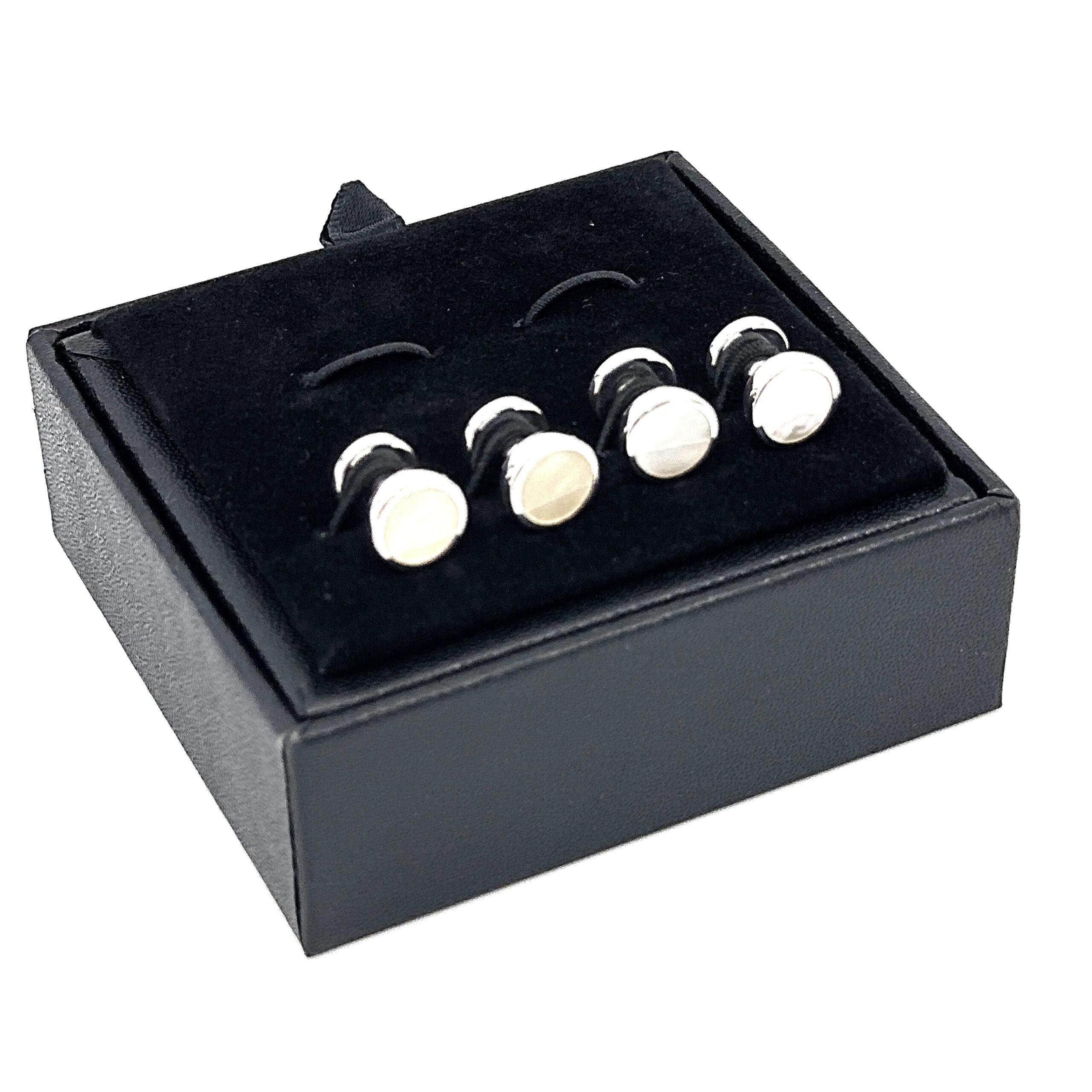 BOX155 (8) Set Of Four Dress Shirt Studs With Mother Of Pearl, finished in 925 English Hallmarked Sterling Silver