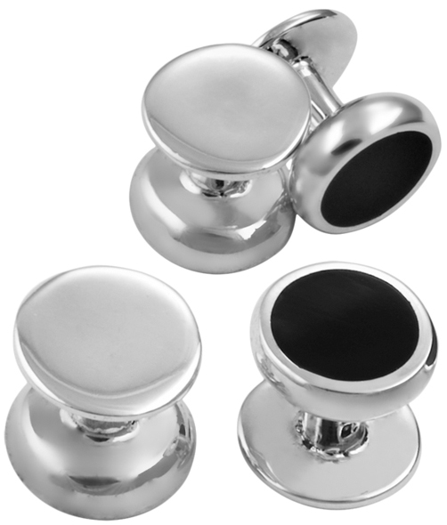 BOX154 (1) Set Of Four Dress Shirt Studs With Onyx, finished in 925 English Hallmarked Sterling Silver