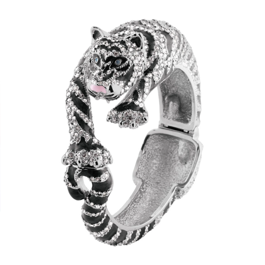 JBE9 (10) Siberian Tiger Cuff Bangle With Enamel And Sparkling Czech Crystals | Rhodium Plated