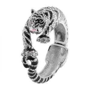 Siberian Tiger Cuff Bangle With Enamel And Sparkling Czech Crystals | Rhodium Plated