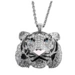 Siberian Tiger Head Pin Brooch Pendant Rhodium Plated Metal Alloy Set With Enamel And Czech Crystals
