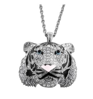 Siberian Tiger Head Pin Brooch Pendant Rhodium Plated Metal Alloy Set With Enamel And Czech Crystals