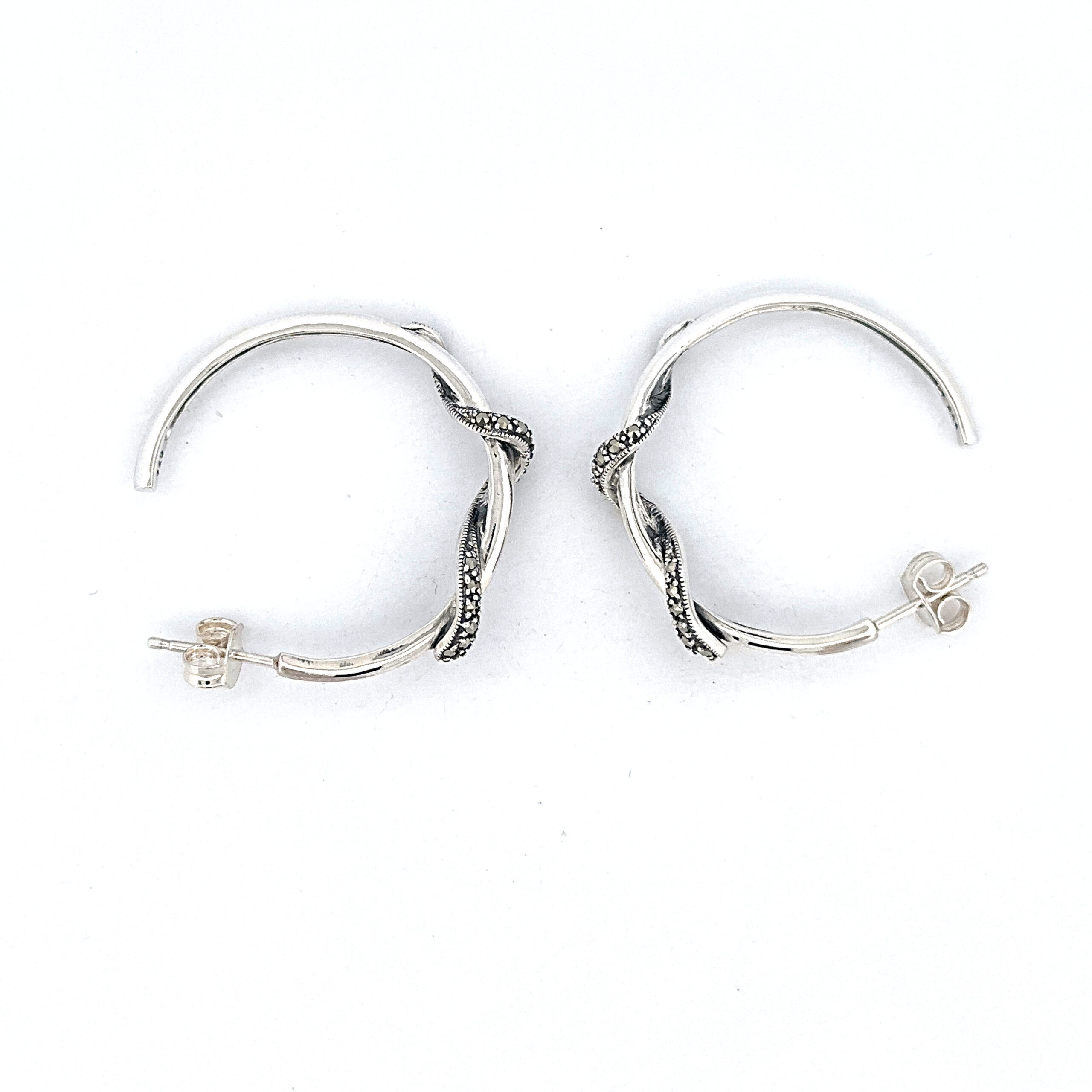 EA607 (4) Snake Hoop Earrings Art Deco Style Set With Marcasite Finished In 925 English Hallmarked Sterling Silver