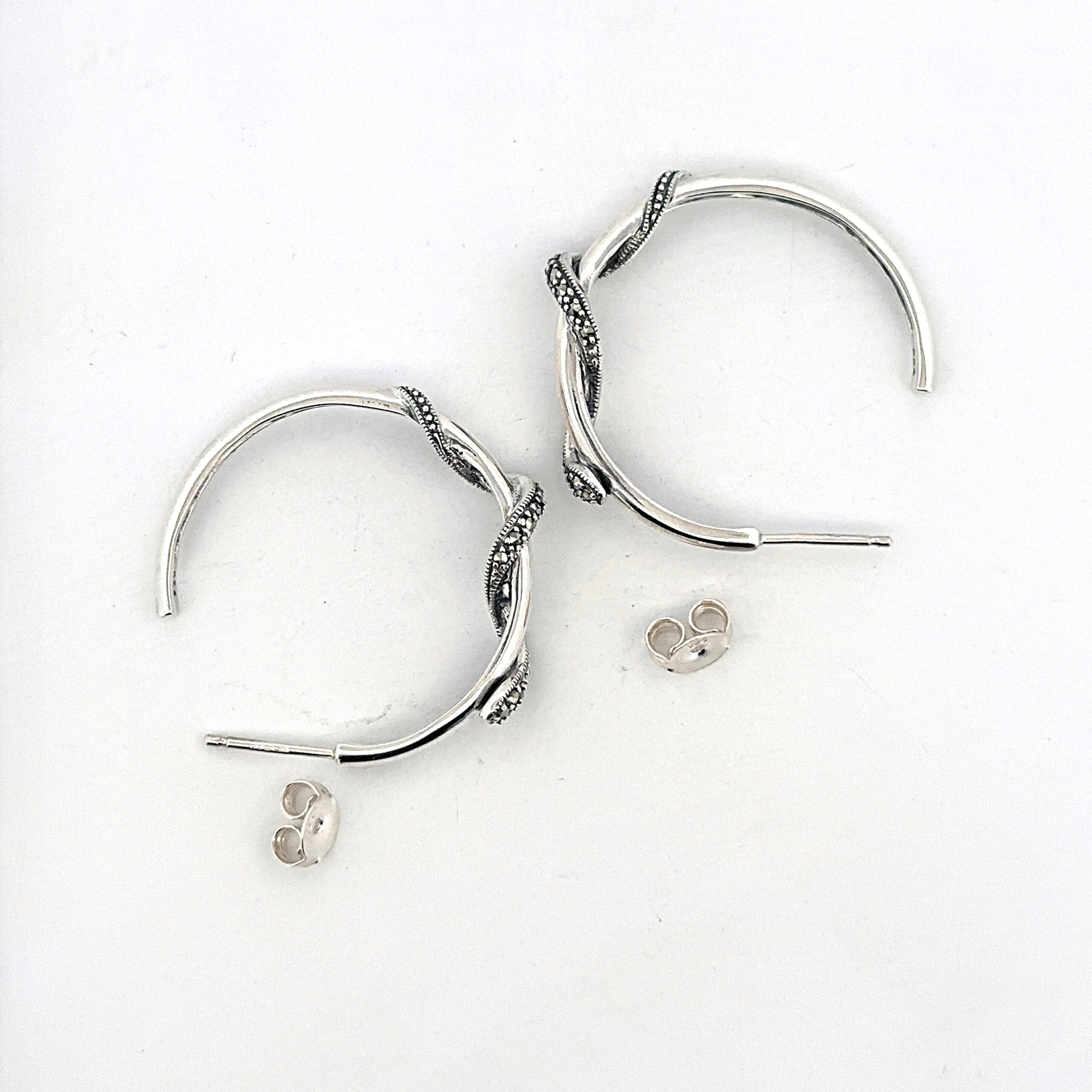 EA607 (1) Snake Hoop Earrings Art Deco Style Set With Marcasite Finished In 925 English Hallmarked Sterling Silver