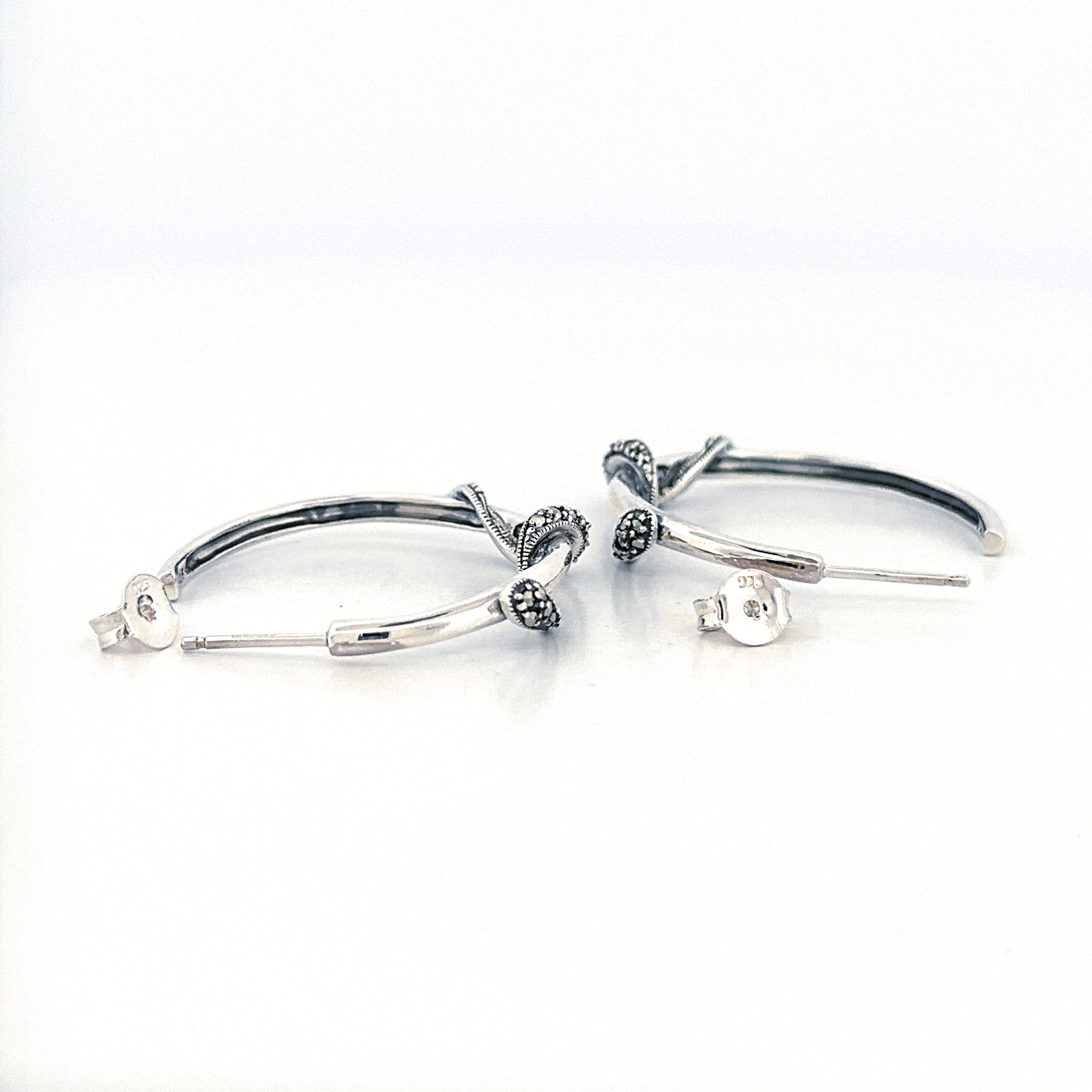 EA607 (6) Snake Hoop Earrings Art Deco Style Set With Marcasite Finished In 925 English Hallmarked Sterling Silver