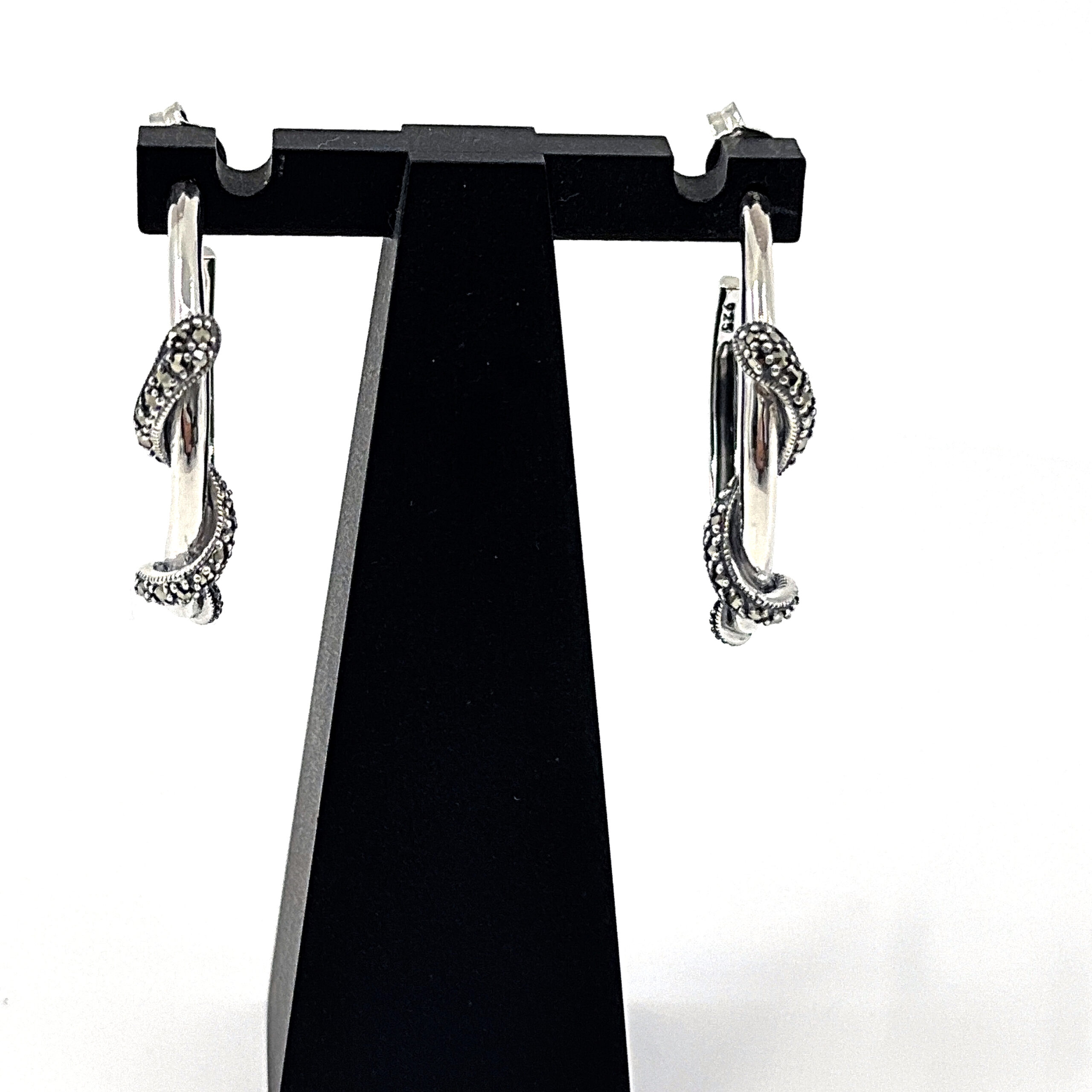 EA607 (5) Snake Hoop Earrings Art Deco Style Set With Marcasite Finished In 925 English Hallmarked Sterling Silver