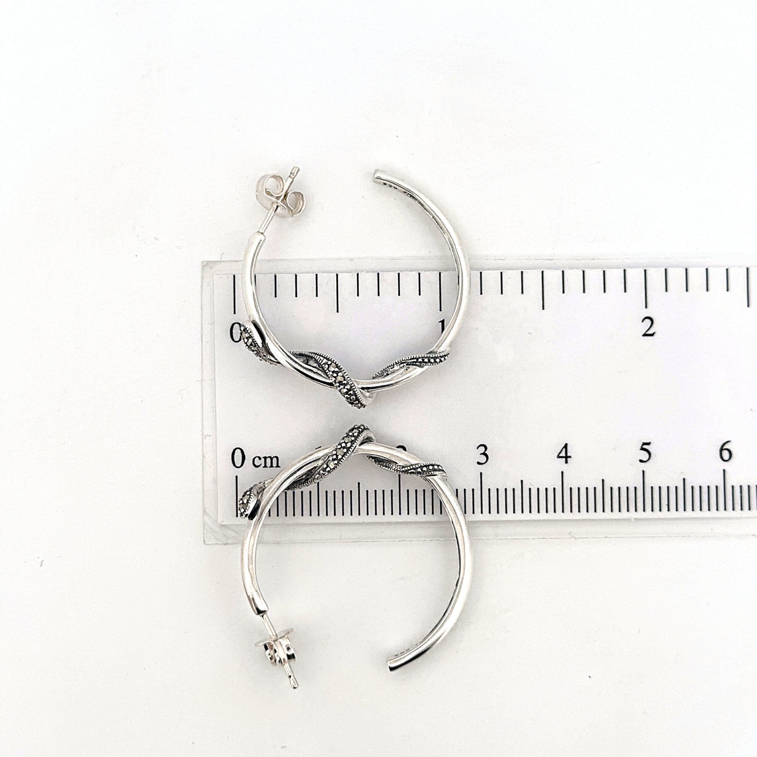 EA607 (2) Snake Hoop Earrings Art Deco Style Set With Marcasite Finished In 925 English Hallmarked Sterling Silver