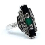 Marcasite Set Ring With Black Onyx And Green Agate Finished In 925 English Hallmarked Sterling Silver