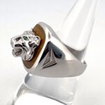 Tiger Head Ring Set With Tiger Eye And Emerald Finished In 925 English Hallmarked Sterling Silver
