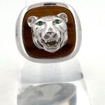 Tiger Head Ring Set With Tiger Eye And Emerald Finished In 925 English Hallmarked Sterling Silver