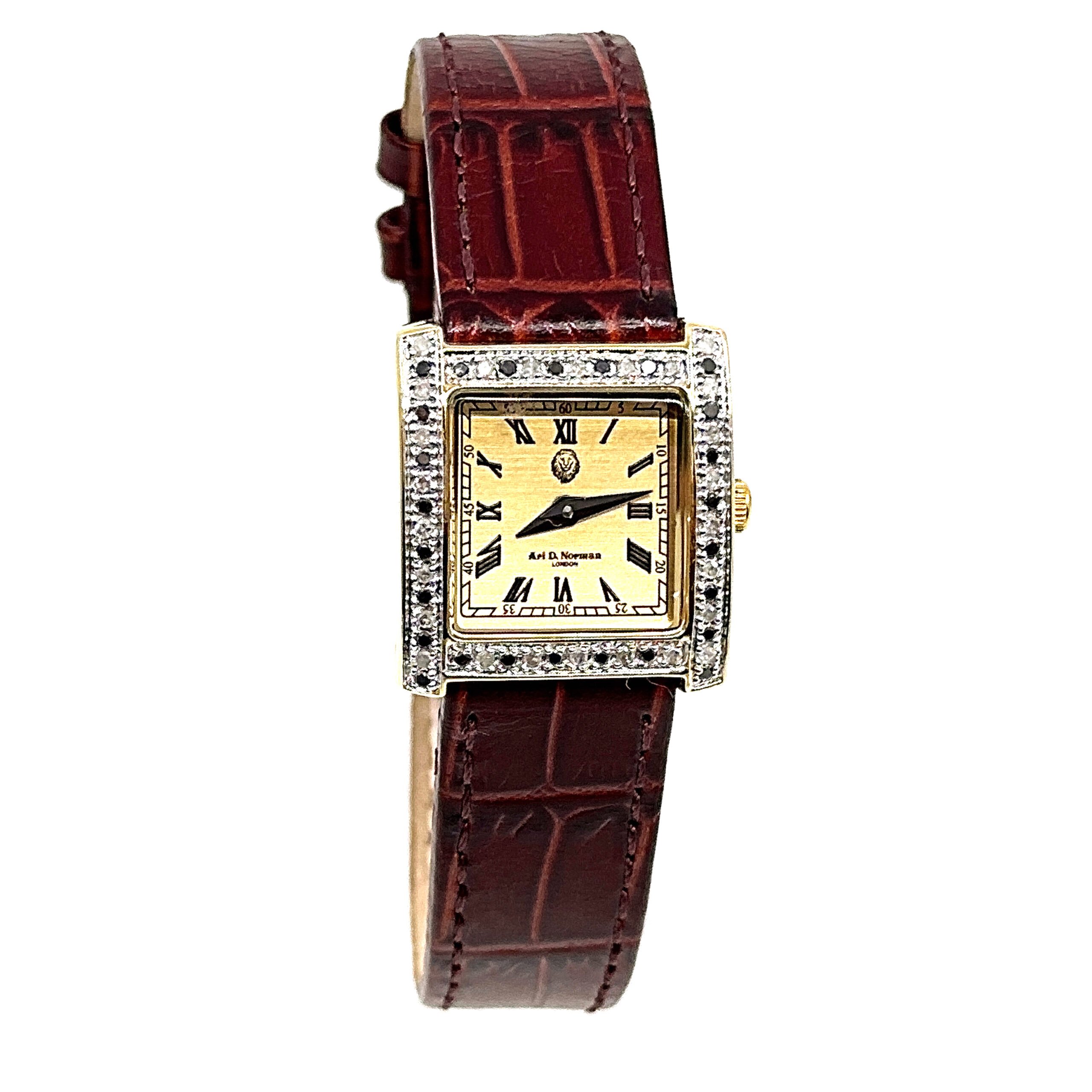WTCH1 (4) Diamond Set Rectangular Watch With Brown Leather Strap Finished In 925 English Hallmarked Sterling Silver