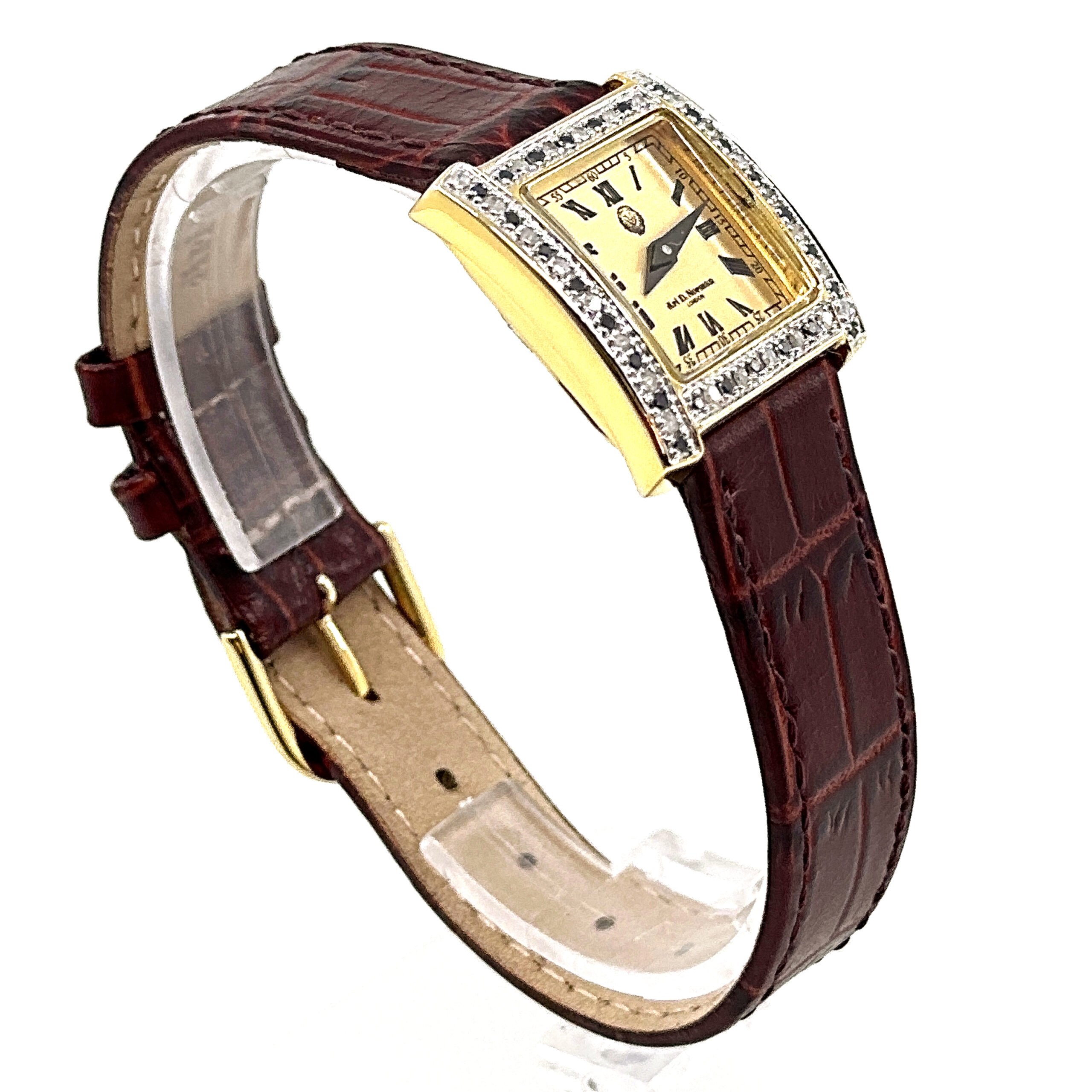 WTCH1 (1) Diamond Set Rectangular Watch With Brown Leather Strap Finished In 925 English Hallmarked Sterling Silver