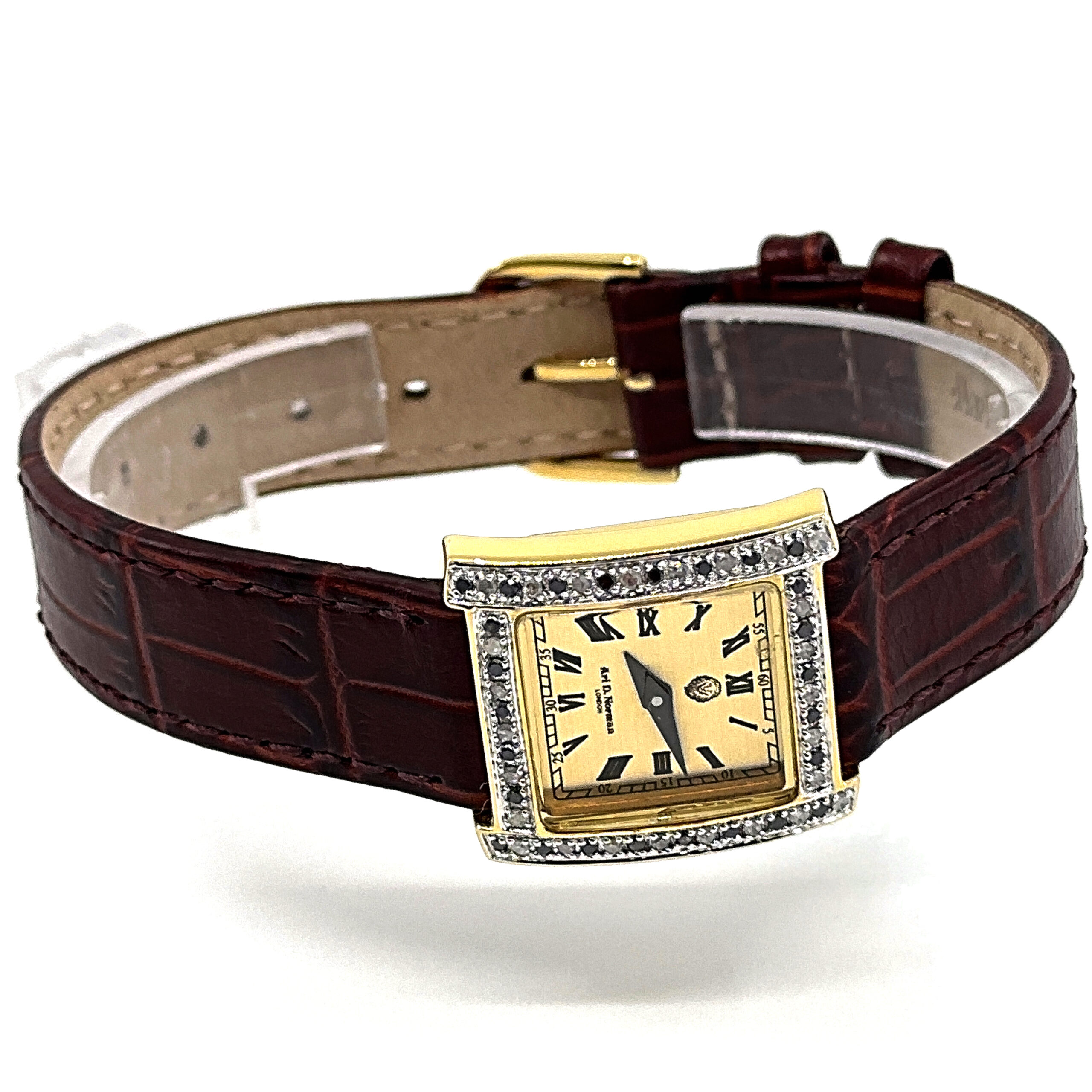 WTCH1 (7) Diamond Set Rectangular Watch With Brown Leather Strap Finished In 925 English Hallmarked Sterling Silver