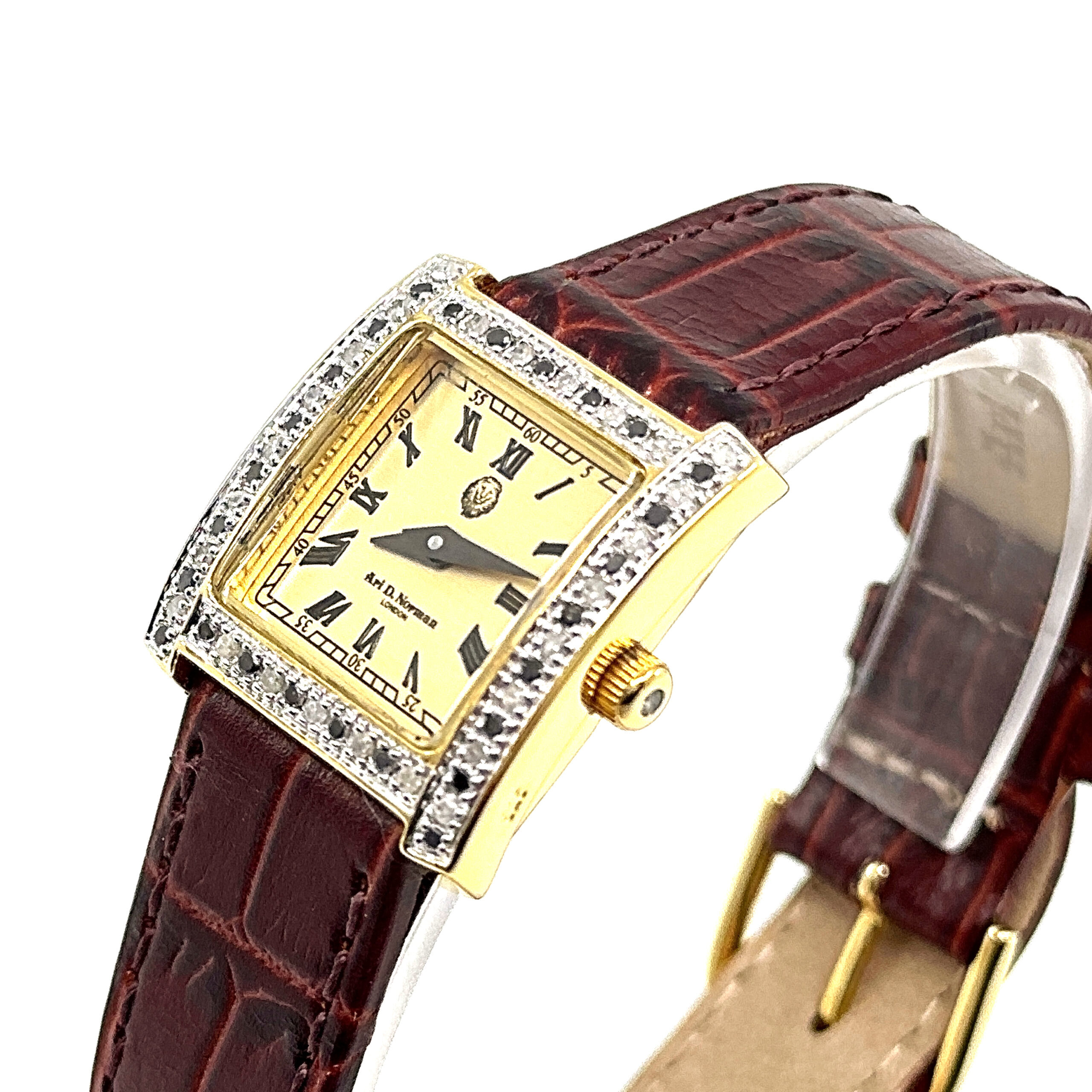 WTCH1 (8) Diamond Set Rectangular Watch With Brown Leather Strap Finished In 925 English Hallmarked Sterling Silver