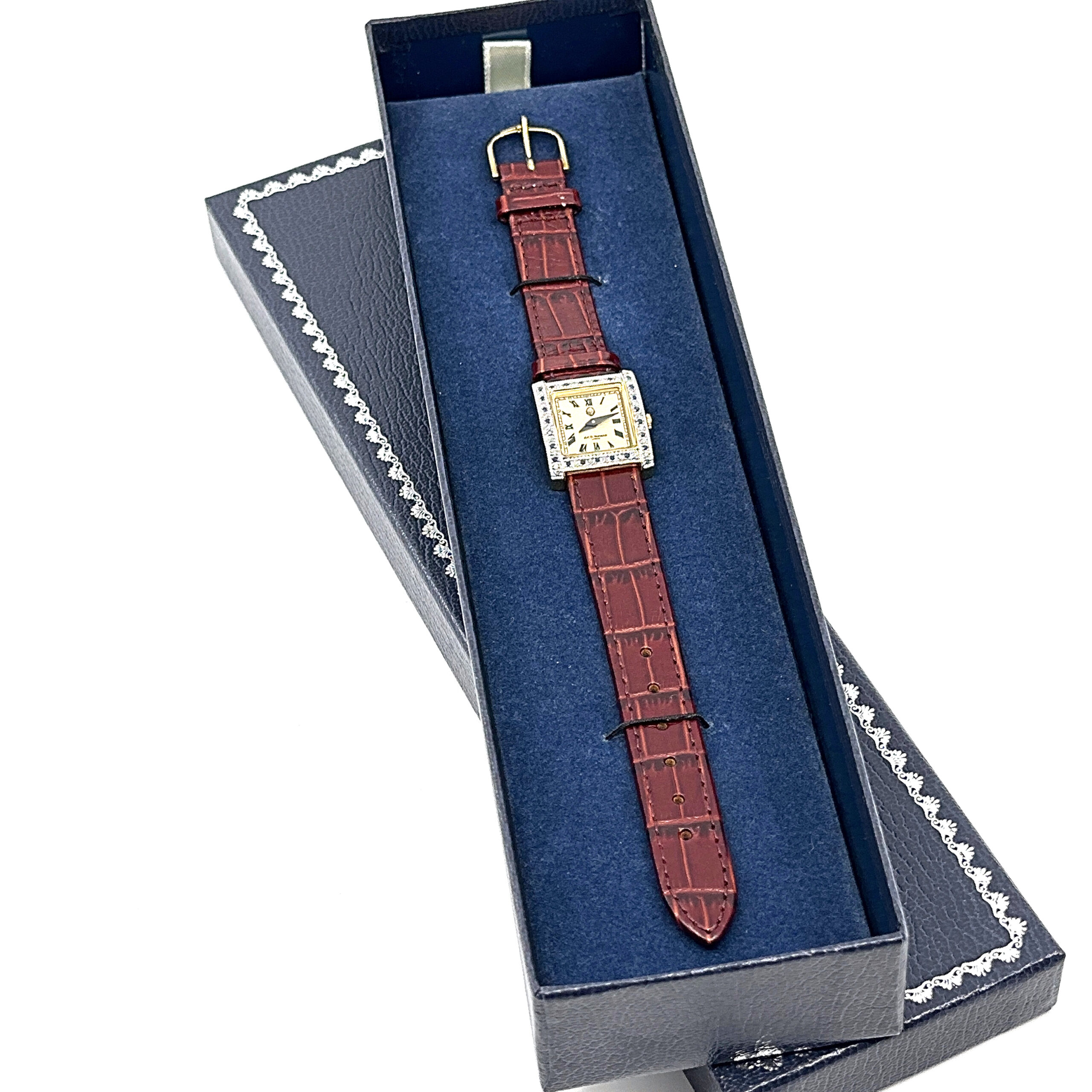 WTCH1 (3) Diamond Set Rectangular Watch With Brown Leather Strap Finished In 925 English Hallmarked Sterling Silver