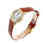 Round Diamond Set Watch With Brown Leather Strap And Diamond Set Winder Finished In 925 English Hallmarked Sterling Silver
