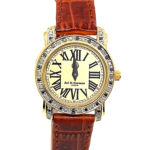 Round Diamond Set Watch With Brown Leather Strap And Diamond Set Winder Finished In 925 English Hallmarked Sterling Silver