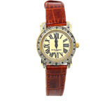 Round Diamond Set Watch With Brown Leather Strap And Diamond Set Winder Finished In 925 English Hallmarked Sterling Silver