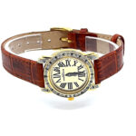 Round Diamond Set Watch With Brown Leather Strap And Diamond Set Winder Finished In 925 English Hallmarked Sterling Silver
