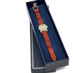 Round Diamond Set Watch With Brown Leather Strap And Diamond Set Winder Finished In 925 English Hallmarked Sterling Silver