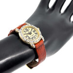 Round Diamond Set Watch With Brown Leather Strap And Diamond Set Winder Finished In 925 English Hallmarked Sterling Silver