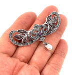 Floral Pin Brooch Victorian Style With Amethyst Enamel Marcasite And Pearl Drop Finished In 925 English Hallmarked Sterling Silver