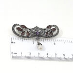 Floral Pin Brooch Victorian Style With Amethyst Enamel Marcasite And Pearl Drop Finished In 925 English Hallmarked Sterling Silver