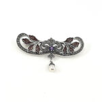 Floral Pin Brooch Victorian Style With Amethyst Enamel Marcasite And Pearl Drop Finished In 925 English Hallmarked Sterling Silver