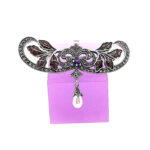 Floral Pin Brooch Victorian Style With Amethyst Enamel Marcasite And Pearl Drop Finished In 925 English Hallmarked Sterling Silver