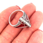 Elizabethan Style Ring Set With Red Enamel, Opal And Marcasite Finished In 925 English Hallmarked Sterling Silver