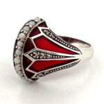 Elizabethan Style Ring Set With Red Enamel, Opal And Marcasite Finished In 925 English Hallmarked Sterling Silver