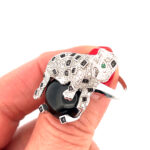 Leopard Ring Set With Black Onyx, Black Diamonds, Cubic Zirconia And Emerald Eyes Finished In 925 English Hallmarked Sterling Silver