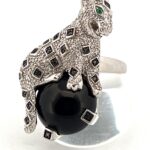 Leopard Ring Set With Black Onyx, Black Diamonds, Cubic Zirconia And Emerald Eyes Finished In 925 English Hallmarked Sterling Silver