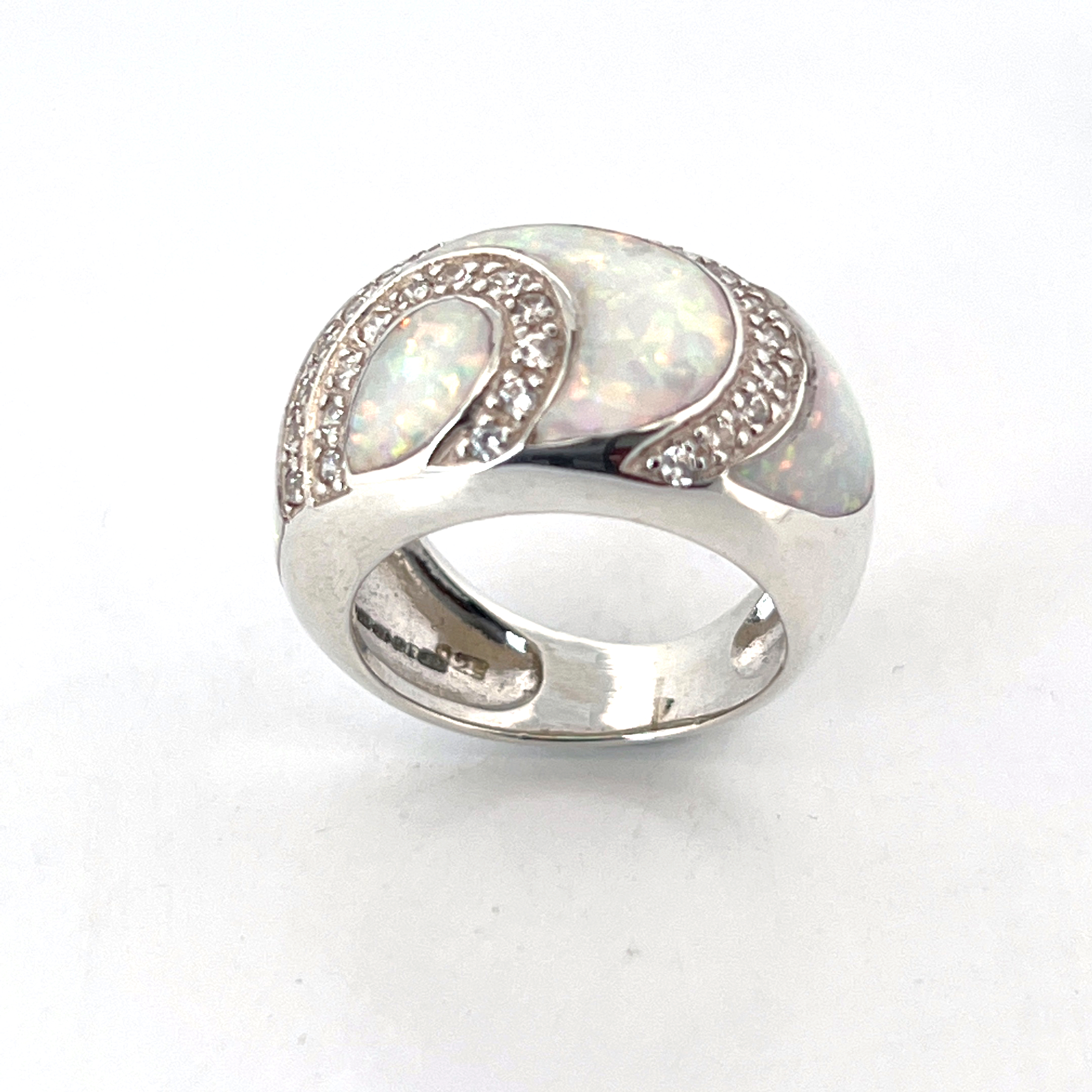 RG546 (2) Swirl Ring Set With Crushed White Opal Resin And Cubic Zirconia Finished In 925 English Hallmarked Sterling Silver
