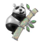 Panda Brooch With Black Enamel And White And Green Crushed Opal Resin Finished In 925 English Hallmarked Sterling Silver