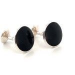 Round Fixed Post Cufflinks Set With Black Onyx In 925 English Hallmarked Sterling Silver
