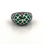 Elizabethan Style Ring Set With Green Enamel And Marcasite Finished In 925 English Hallmarked Sterling Silver
